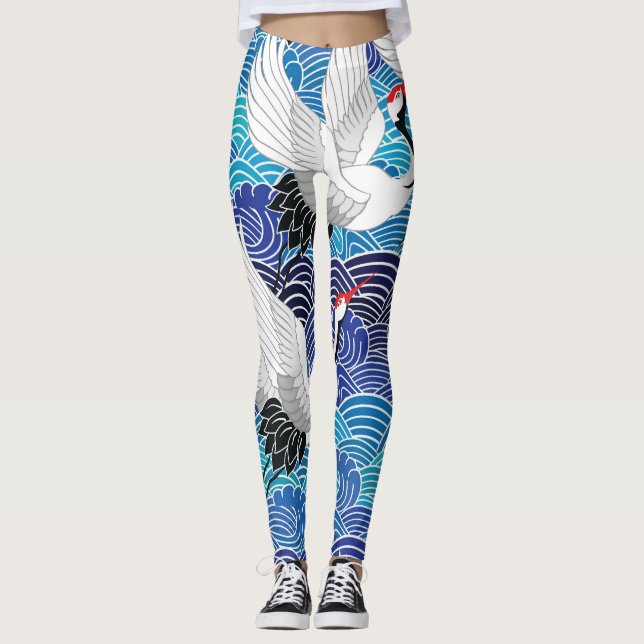 Leggings Grue japonaise : Motif orné d'oiseaux. (Devant)