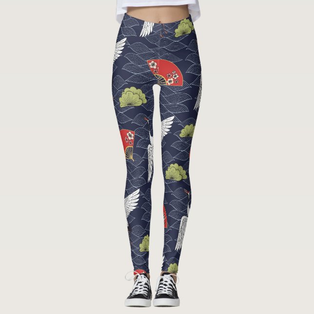 Leggings Grues et ventilateurs japonais : Motif Vintage (Devant)