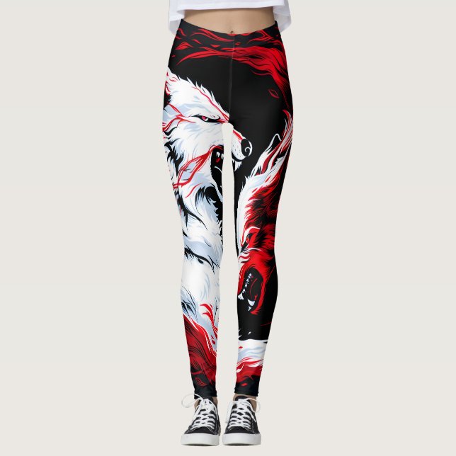 Leggings Guerrier Loup Cosmique Rouge Blanc (Devant)