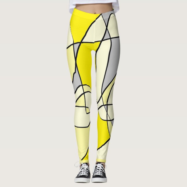 Leggings Guêtres abstraites blanches et noires jaunes (Devant)
