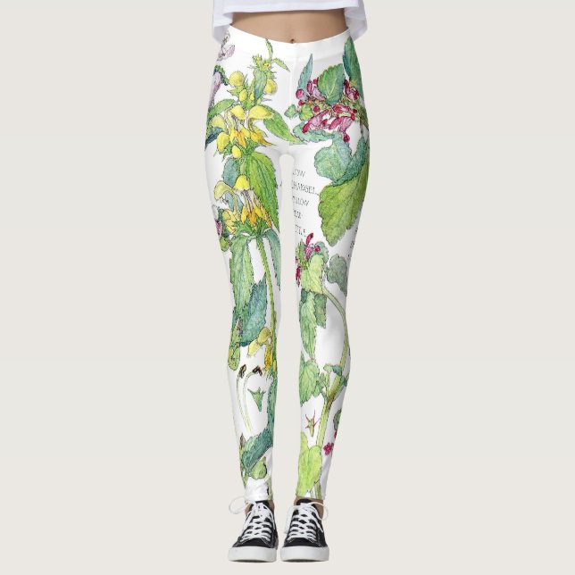 Leggings Guêtres botaniques d'impression de fleurs d'ortie (Devant)