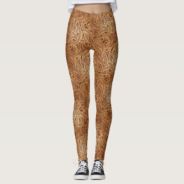 Leggings Guêtres Brown d'or élégantes de Paisley (Devant)