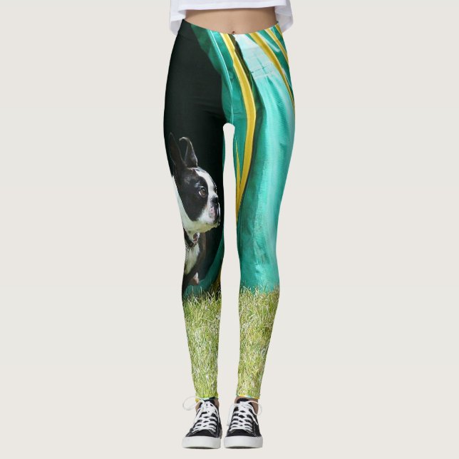 Leggings Guêtres d'art de chien de Boston Terrier d'agilité (Devant)