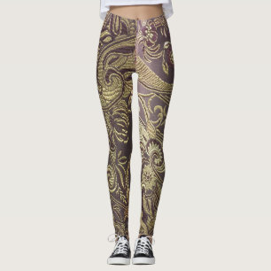 Leggings Guêtres de brocard de Paisley dans l'or et le bru