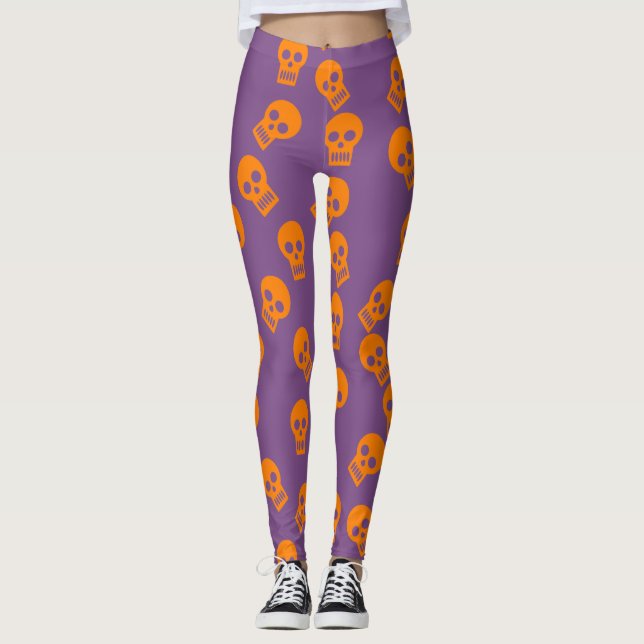 Leggings Guêtres de confettis de crâne oranges/pourpre (Devant)