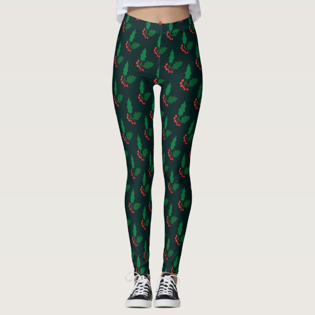 Leggings Guêtres de vacances de houx et de Noël de baies (Devant)