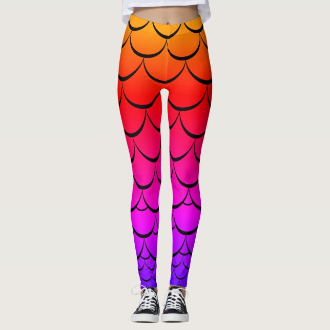 Leggings Guêtres d'échelle de sirène de coucher du soleil (Devant)