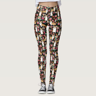 Leggings Guêtres florales de corgi - noir
