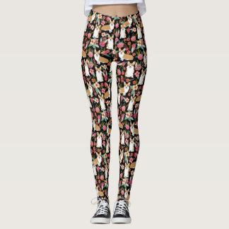 Leggings Guêtres florales de corgi - noir