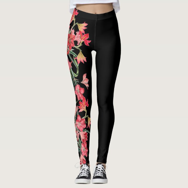 Leggings Guêtres florales d'impression de fleur rouge (Devant)
