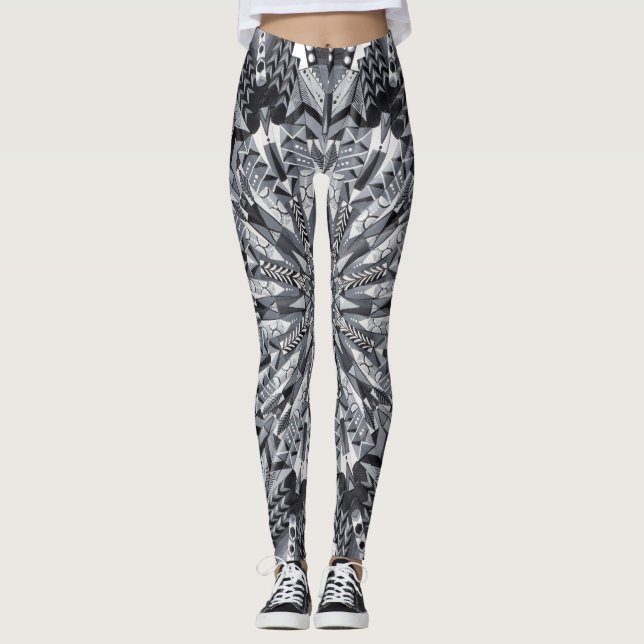 Leggings Guêtres noires, blanches, et grises de mandala de (Devant)