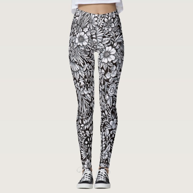 Leggings Guêtres noires et blanches de gisement de fleur (Devant)