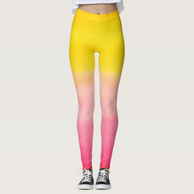 Leggings Guêtres roses d'aquarelle d'Ombre et jaunes faites (Devant)