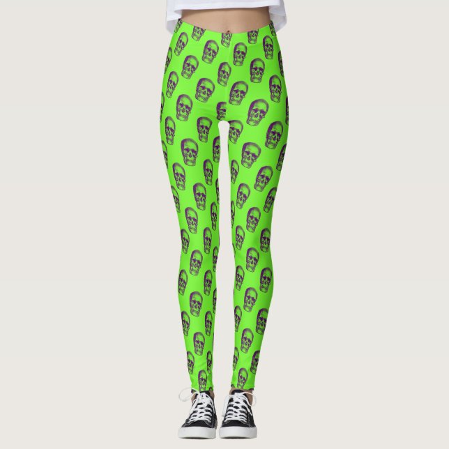 Leggings Gym Yoga, Motif du crâne vert des années 80 (Devant)
