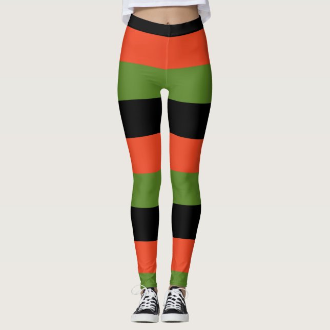Leggings Halloween à rayures noir orange et vert (Devant)