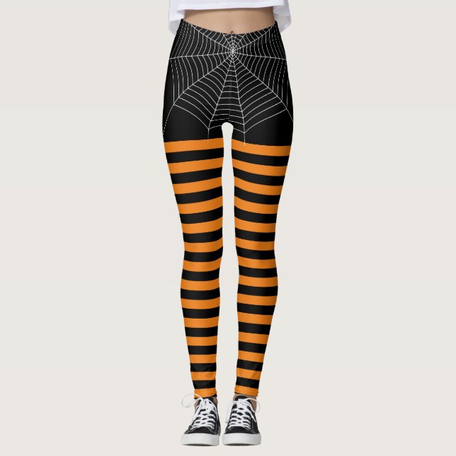 Leggings Halloween Black Orange Blanc araignée bandes web (Devant)