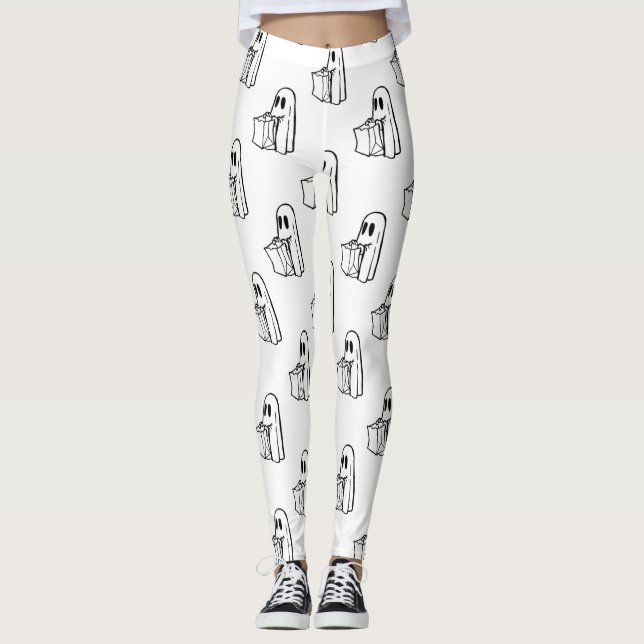 Leggings Halloween, Blancs Fantômes, Tricoter Ou Traiter, B (Devant)