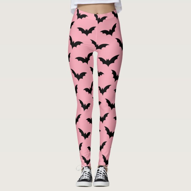 Leggings Halloween de chauves-souris roses et noires (Devant)