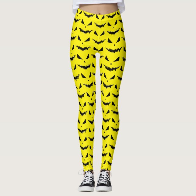 Leggings Halloween effrayant Jack OLantern noir visage jaun (Devant)
