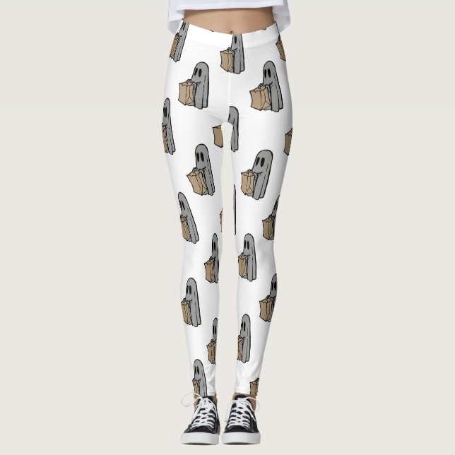 Leggings Halloween, Gentil Fantôme Gris, Friandise ou Farce (Devant)