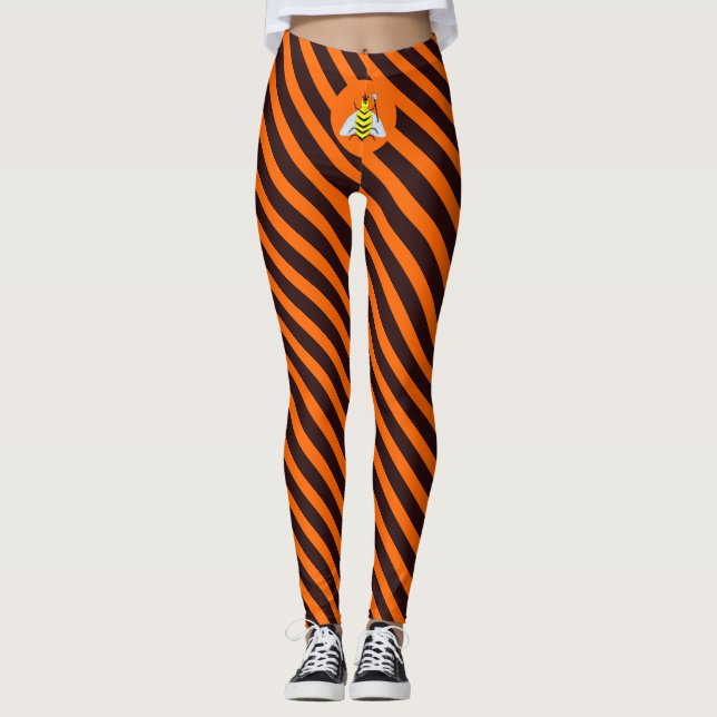 Leggings Halloween Magic Bee Witch Orange et Black Stripes (Devant)