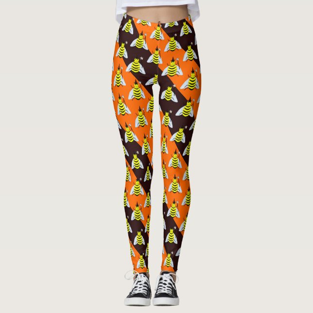 Leggings Halloween Magic Bee Witch Orange et Black Stripes (Devant)