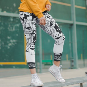 Leggings Halloween Monstre d'horreur Doodle noir blanc mode