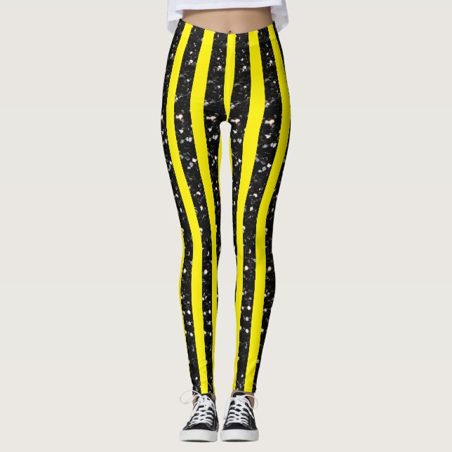 Leggings Halloween Noir rayures lignes sur jaune (Devant)