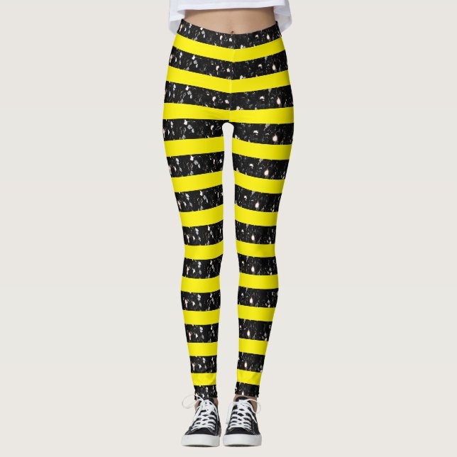 Leggings Halloween Noir rayures lignes sur jaune (Devant)