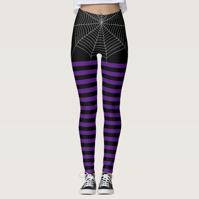 Leggings Halloween noir violet blanc araignée bandes web (Devant)