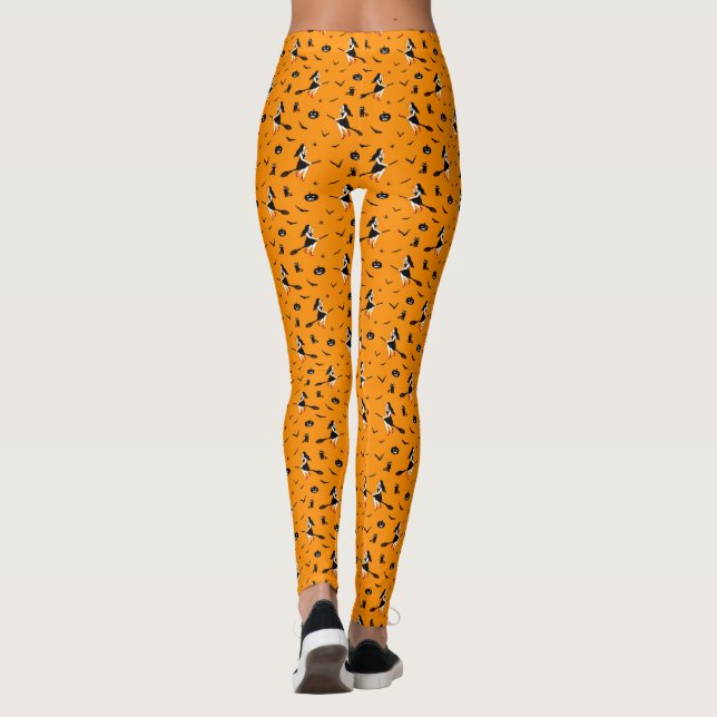 Leggings Halloween orange avec sorcières et chats noirs (Dos)