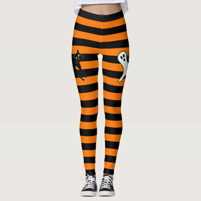Leggings Halloween Partie Éffrayant Chat Cute Ghost Black O (Devant)