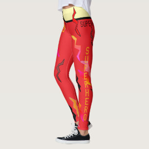 Leggings Halloween Superhero Red Cream Lightning Bolts