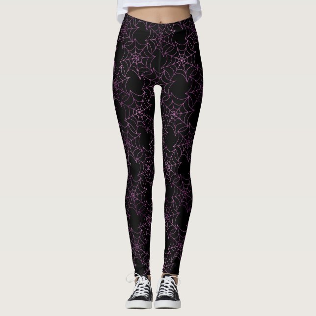 Leggings Halloween Toile d'araignée noire et feuille d'alum (Devant)