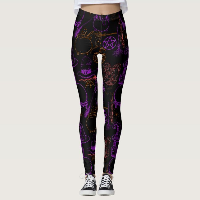 Leggings Halloween Witchcraft Motif Neon 01 Black BG (Devant)
