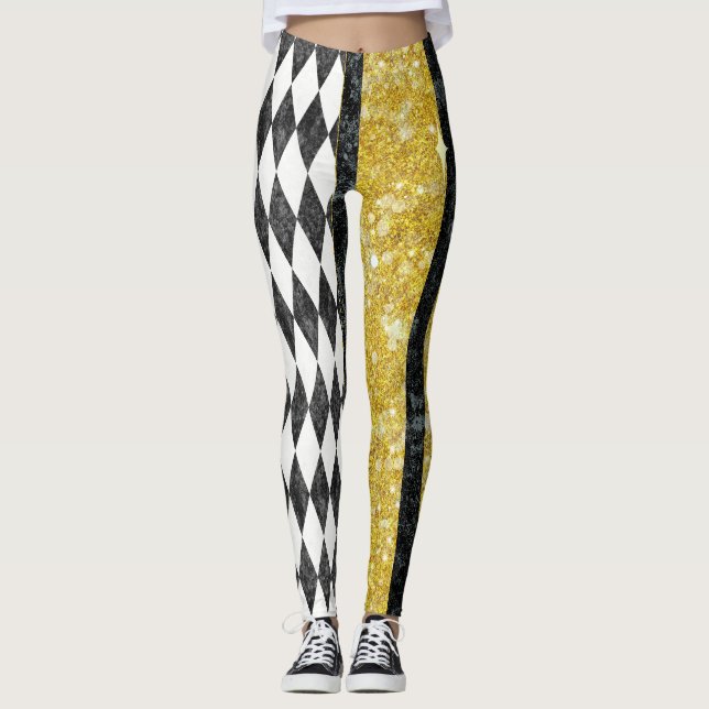 Leggings Harlequin diamanté Argyle noir blanc or (Devant)