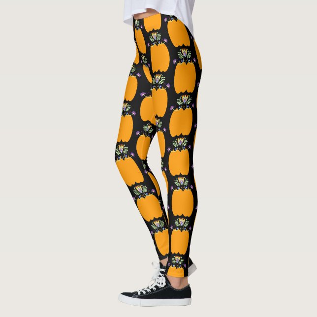 Leggings Hauts Floraux de Folk de Citrouille Halloween (Gauche)