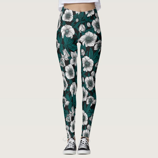 Leggings Hellebores blancs avec feuilles bleus (Devant)