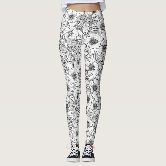 Leggings Hellebores en noir et blanc (Devant)