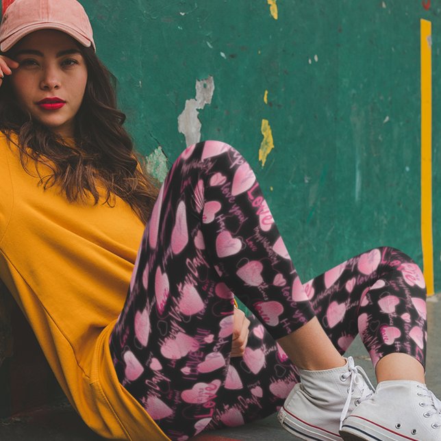 Leggings Heureuse Sainte-Valentin Love Script Coeurs roses (Créateur téléchargé)