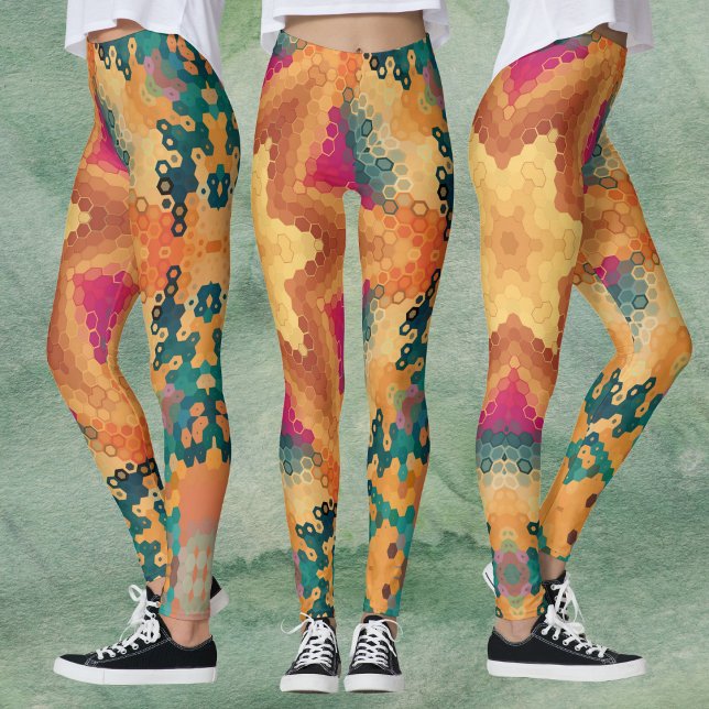 Leggings Hex Mandala Bleu orange et rose (Orange Blue and Pink Hexagon Mandala Leggings by Wormhole Orbital)