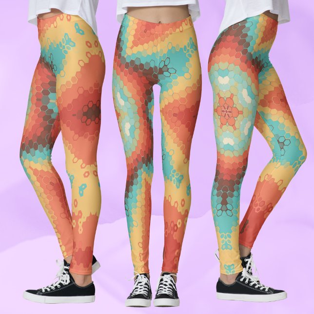 Leggings Hex Mandala orange bleu et jaune (Créateur téléchargé)