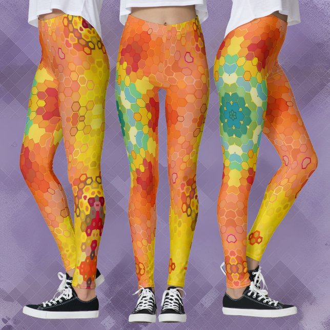 Leggings Hex Mandala orange jaune rouge et bleu (Créateur téléchargé)