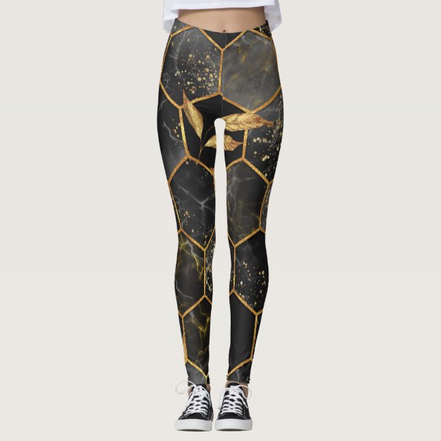 Leggings Hexagon de marbre, Texture Feuille d'or. (Devant)