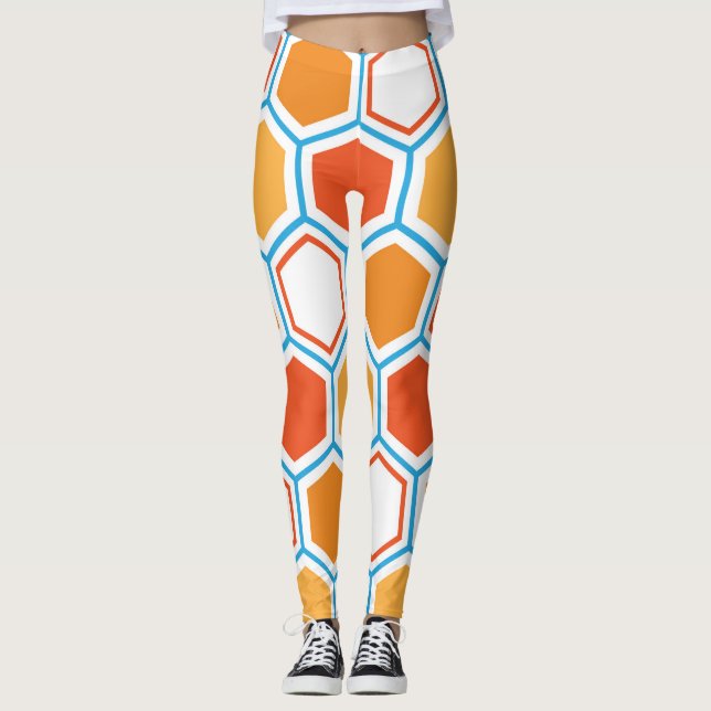 Leggings hexagone en orange, bleu et blanc (Devant)