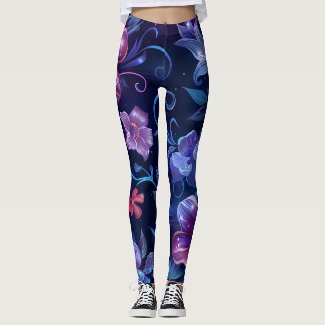 Leggings Hibiscus bleu de la Marine (Devant)