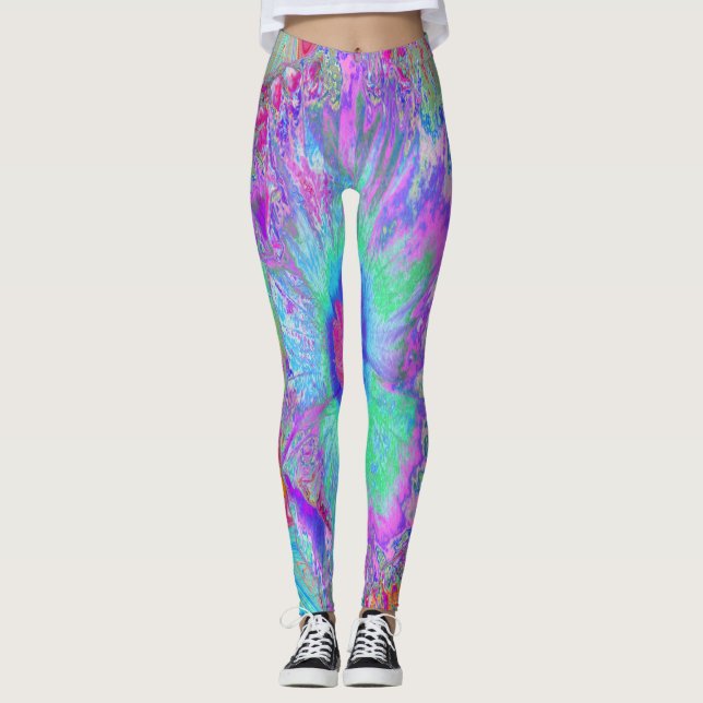Leggings Hibiscus Bleu Rétro Psychedélique Arc-en-ciel (Devant)
