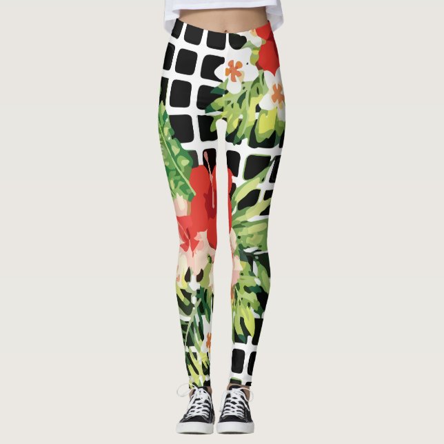 Leggings Hibiscus Palm Leaves Tropical Pattern (Devant)