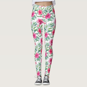 Leggings hibiscus rose avec motif tropical feuille
