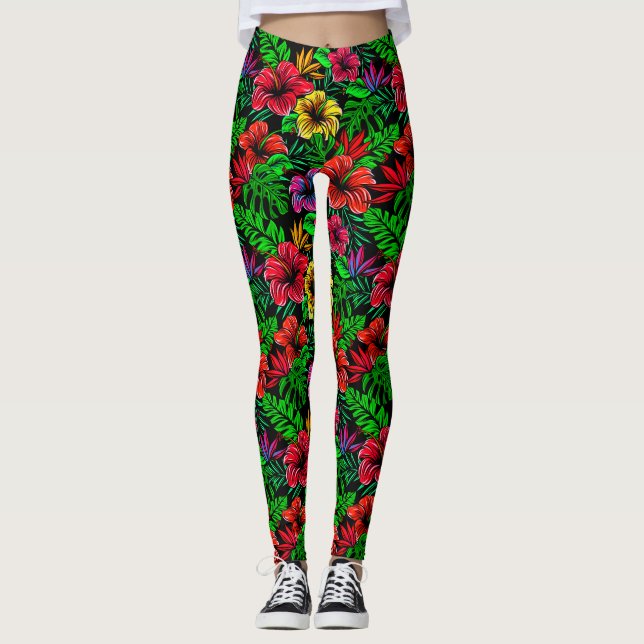 Leggings Hibiscus rose jaune tropical (Devant)